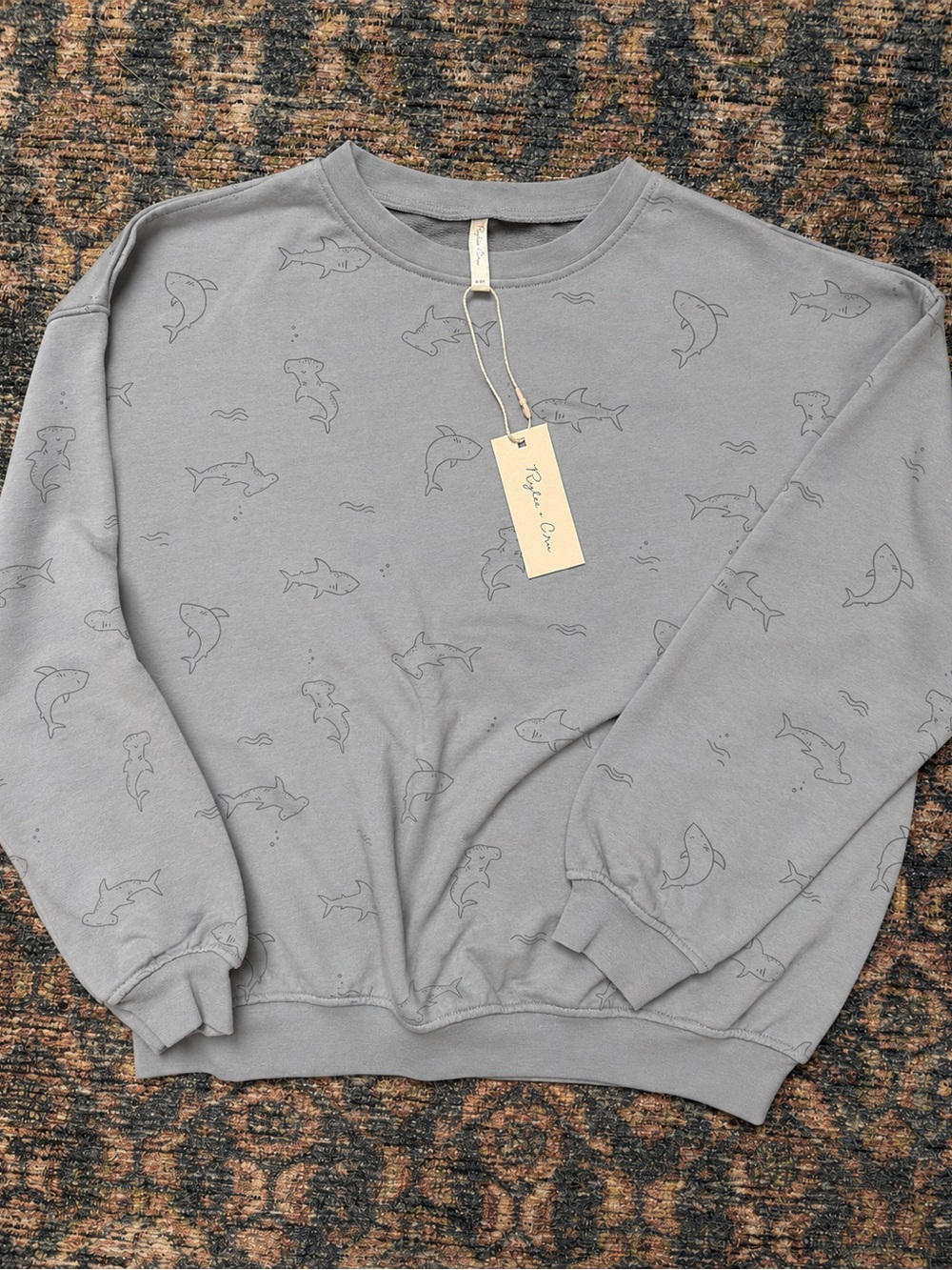 Rylee + Cru Gray Shark-Print Crewneck Sweater